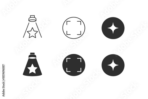 Set of icons representing spotlight, focus, and sparkle elements in line and solid styles