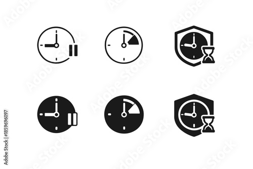 Set of clock icons representing time management, pause, and security