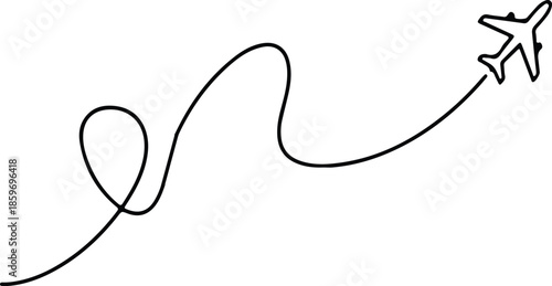 A simple black and white line drawing depicts an airplane following a curved path across a white