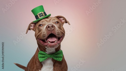 Dog Wearing a Green Hat and Bow Tie Poses Happily Against a Colorful Background