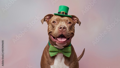 Dog Wearing Green Hat and Bow Tie Smiles for Camera at Festive Event