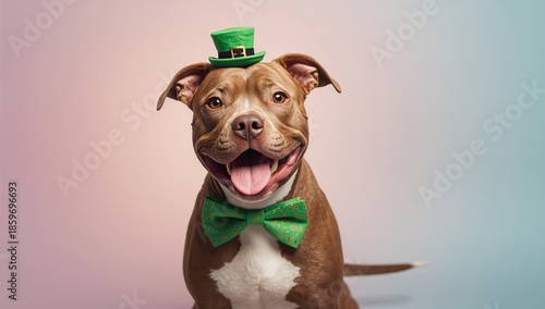 Dog Wearing Green Hat and Bow Tie Smiles for Camera at Festive Event