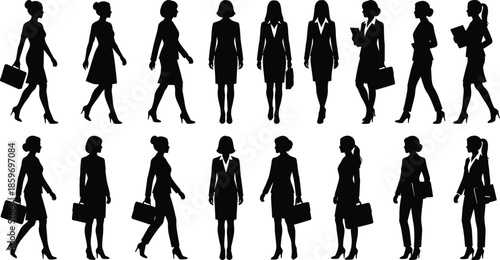 Set of Professional Business Woman Silhouettes in Formal Suits Walking and Standing with Briefcases Isolated Vector Illustration