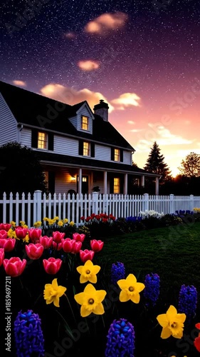 Exterior view of white house with garden fence and various colorful flowers under blue sky