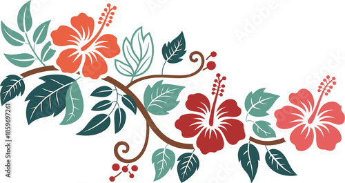 Tropical hibiscus floral branch vector illustration, exotic red flowers and teal leaves with decorative vine and berries