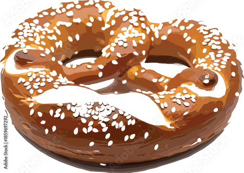 Delicious soft baked German pretzel with coarse sea salt crystals isolated on white background, traditional snack food digital vector illustration. (21 words)