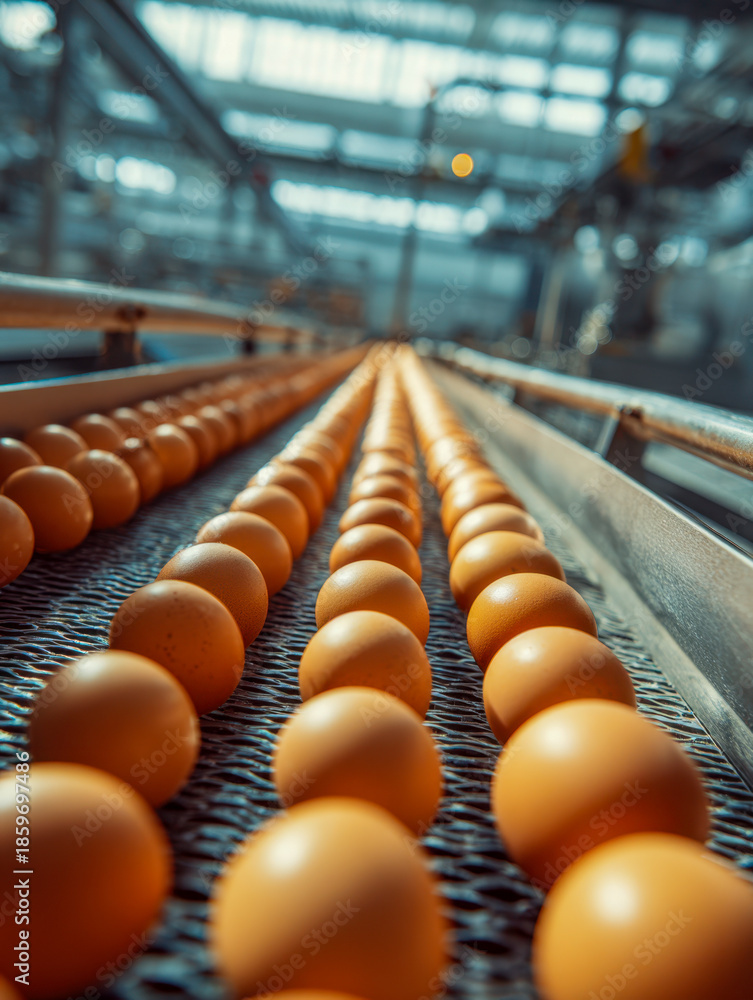 Fototapeta premium Rows of fresh brown eggs moving along an automated conveyor belt in a modern poultry processing facility with bright industrial lighting
