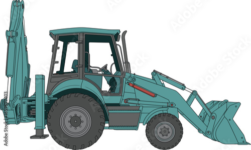 Backhoe loader vector illustration, industrial construction vehicle with front loader bucket and rear excavator arm in teal and grey