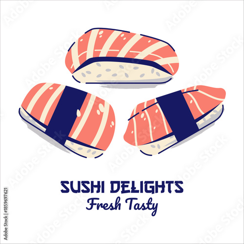Salmon nigiri sushi pieces with a dark band, presented on a white background with 'Sushi Delights Fresh Tasty' text below.