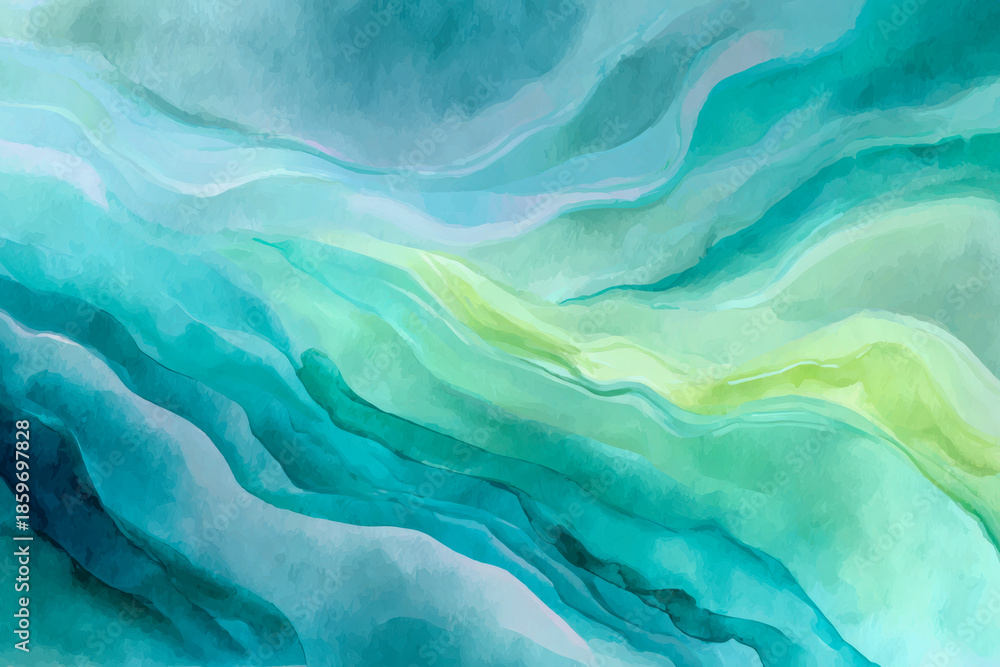Obraz premium Abstract fluid art with flowing turquoise and aqua waves blending seamlessly with soft green accents for a calming and vibrant visual effect