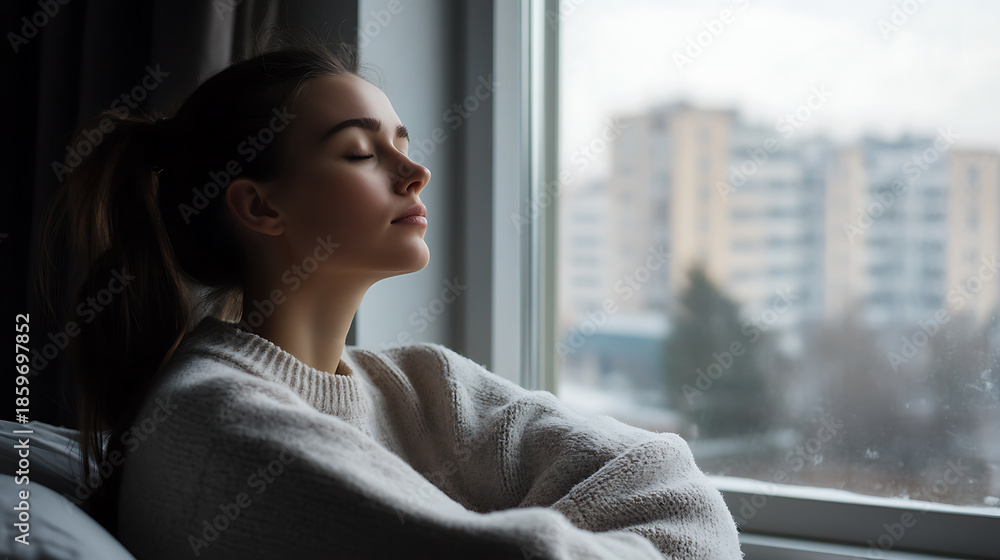 Fototapeta premium A young woman in a sweater finds serenity near a window, eyes closed, ponytail resting. An expression of calm against a cityscape. Indoor stillness and reflection.