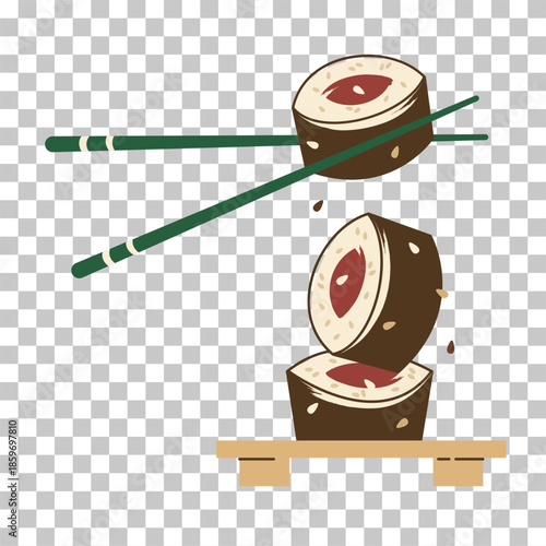 Illustration of sushi rolls with red filling and sesame seeds, served with green chopsticks on a wooden tray.