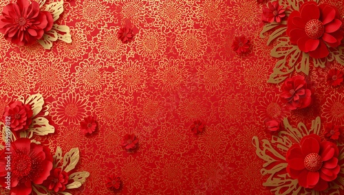 Bright Red Background With Floral Designs and Golden Accents for Creative Pro...
