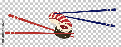 Illustration of two pairs of chopsticks, one red and one blue, holding two pieces of sushi, a maki roll and a nigiri, on a transparent background.