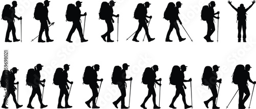 Large Collection of Black Silhouette Hikers with Backpacks and Trekking Poles Walking in Various Poses Isolated Vector Illustration