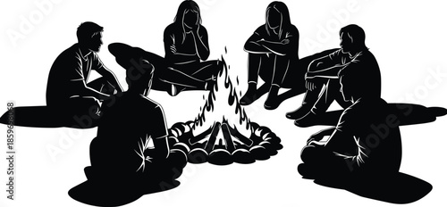 Black silhouette of friends sitting around a blazing campfire at night sharing stories together isolated on a white background for design