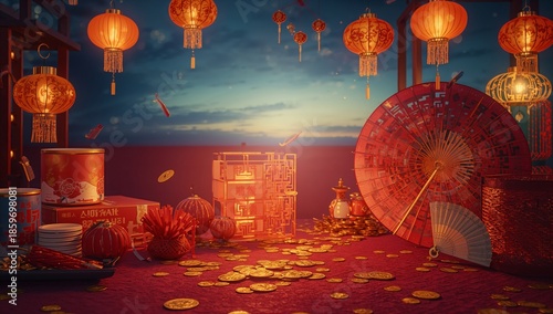 Festive Decoration With Lanterns and Flowers During a Celebration at Dusk