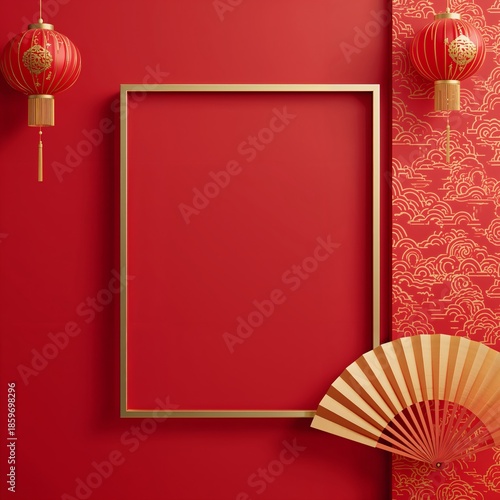 Decorative Red Wall With Lanterns and Fan for Celebration in a Festive Settin...