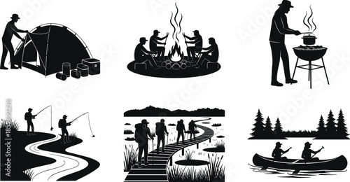 Outdoor camping adventure silhouettes featuring tent setup campfire fishing hiking canoeing and barbecue activities in nature landscape illustration