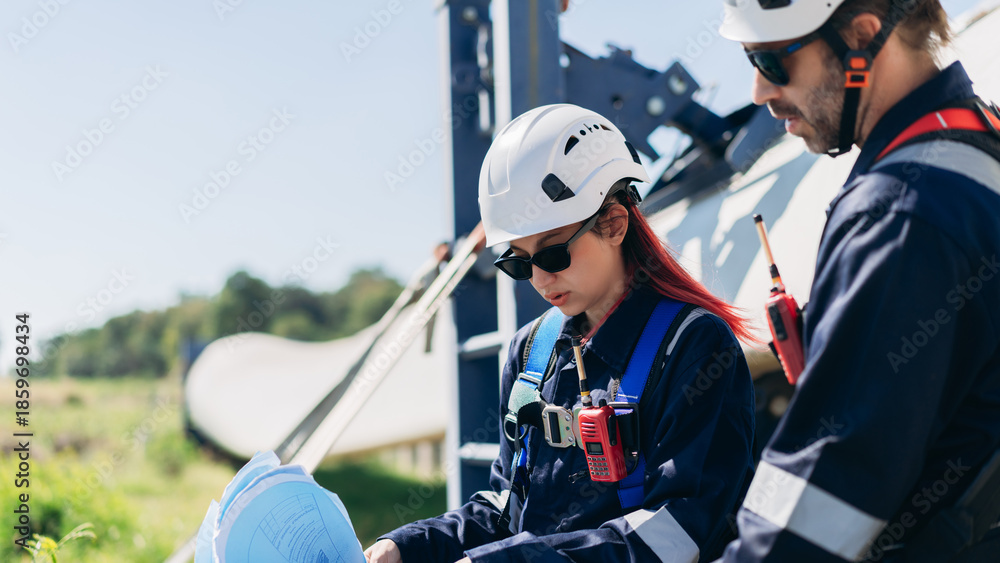 © NewSaetiew - Professional wind turbine engineers preparing and inspecting equipment for installation and maintenance at a renewable energy site, teamwork, clean power, and sustainable technology. © NewSaetiew - Professional wind turbine engineers preparing and inspecting equipment for installation and maintenance at a renewable energy site, teamwork, clean power, and sustainable technology.