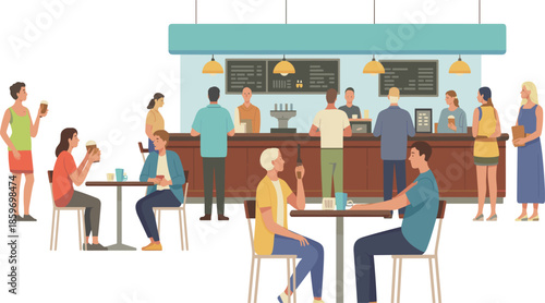 Coffee shop interior vector illustration, people sitting at tables and waiting in line at a modern cafe with baristas and menu boards