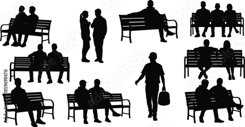 Collection of black vector silhouettes showing people sitting on park benches, walking and talking, isolated on white background.
