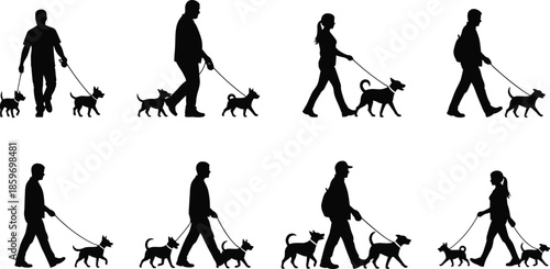 Collection of black vector silhouettes showing people walking dogs on leashes, men and women with pets, isolated on white background.