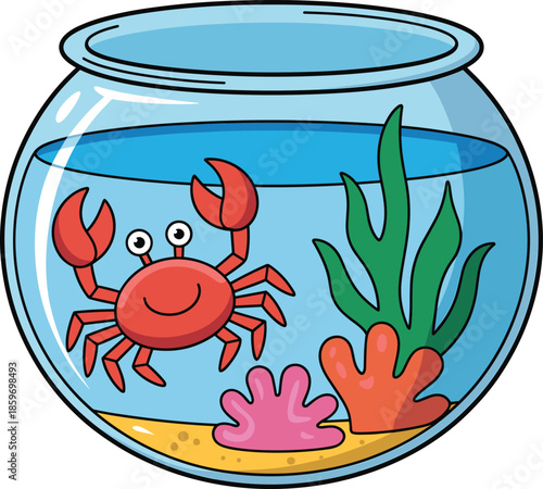 Cartoon crab in fishbowl aquarium illustration isolated on white background, cute sea life pet concept, underwater marine vector design icon