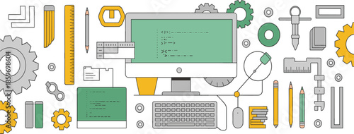 Modern programmer workspace vector illustration, flat design web development concept with computer monitor showing code and engineering tools