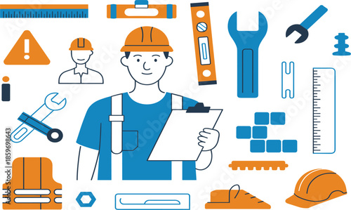 Professional engineer and construction tools vector set, flat design building maintenance concept with worker, wrench, and hard hat
