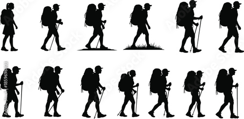 Set of Twelve Silhouette Hikers with Backpacks and Trekking Poles Walking in Different Poses Vector Illustration