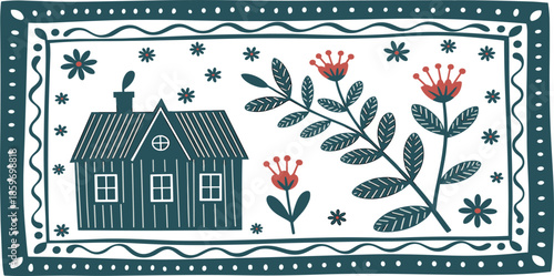 Scandi folk art house and floral banner vector, hand drawn rustic illustration of a cottage with flowers and decorative border