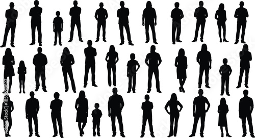 Large collection of black vector silhouettes, featuring standing men, women, and children, isolated on white background, business and casual.