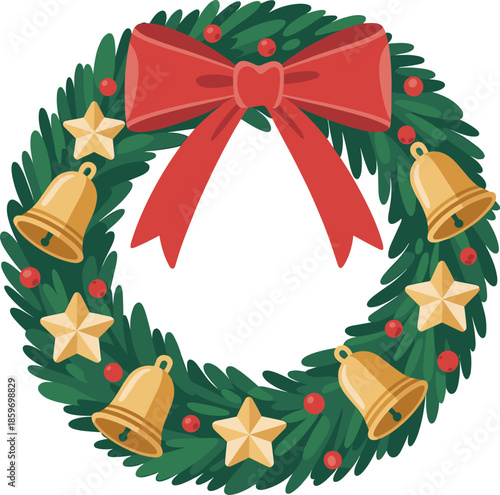 Christmas wreath illustration with red bow golden bells stars evergreen foliage festive holiday decoration isolated white background vector design traditional
