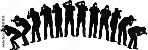 Large group of paparazzi photographers silhouette taking photos with cameras in a semi circle, isolated on white background vector illustration.
