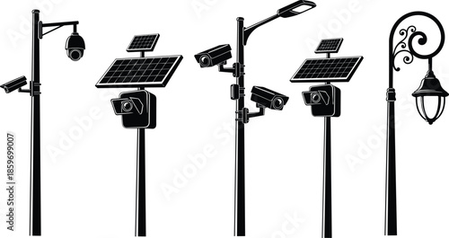 Solar powered security camera silhouettes with street lights surveillance systems and smart outdoor lighting technology illustration icons set design isolated