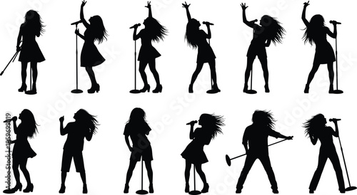 Set of black silhouettes showing young female singer performing with microphone stand, music concert vector collection isolated on white background.