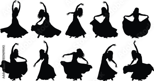 Set of black vector silhouettes featuring female dancers in long skirts, performing flamenco and gypsy styles, isolated on white background.
