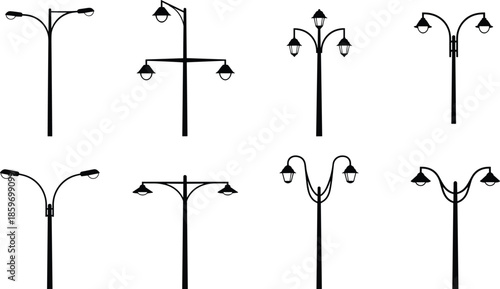 Street Lamp Silhouette Collection Featuring Modern And Vintage Streetlight Designs Isolated On White Background For Urban Lighting Concepts