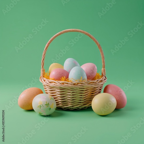 Colorful Eggs in a Wicker Basket Set Against a Green Background for a Spring ...