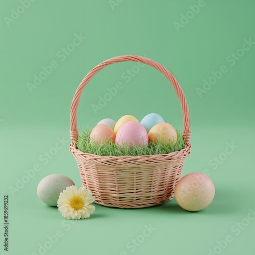 Colorful Eggs in a Basket With Flowers on a Green Background During Spring Se...