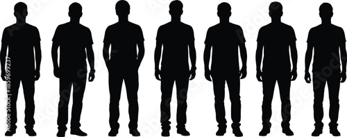 Set of isolated black vector silhouettes of casual men standing in a row front view on white background.