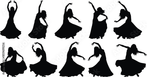 Set of isolated black vector silhouettes of dancing women in long flowing dresses, flamenco or gypsy dancer illustration collection.