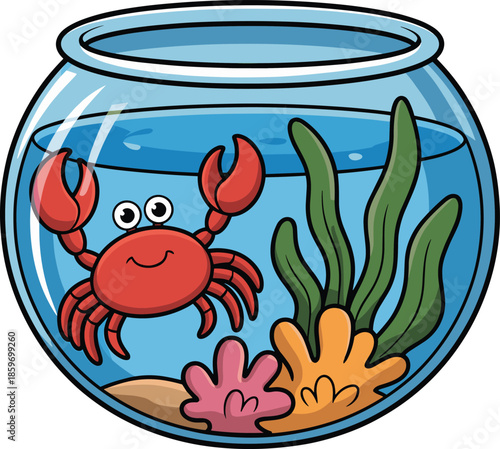 Cute cartoon crab in fishbowl aquarium illustration isolated on white background, happy sea life pet, colorful underwater marine vector design