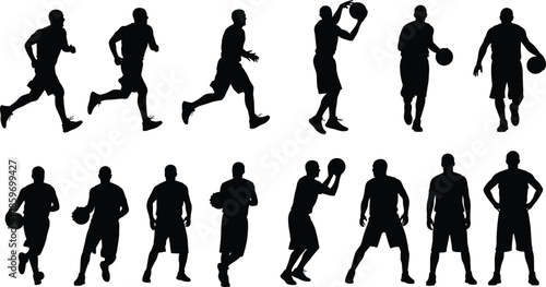 Set of vector black basketball player silhouettes in various action poses like running, shooting, dribbling, and standing on white background