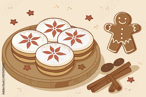 Festive Christmas Mince Pies and Gingerbread Man Illustration