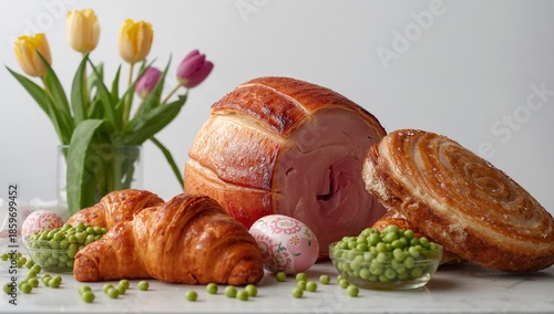 Easter Dinner With Ham, Vegetables, and Baked Goods on a Table With Flowers i...