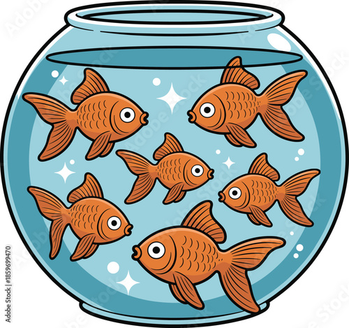 Cute cartoon goldfish swimming in aquarium fishbowl illustration isolated on white background, colorful aquatic pets, playful underwater marine vector design