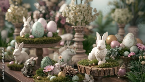 Decorative Display With Bunnies, Eggs, and Flowers for Spring Celebration