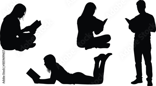 Vector collection of black silhouettes showing people reading books in sitting, standing, and lying positions, isolated on white background.